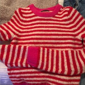 GAP Pink and Cream Striped Fuzzy Crewneck Sweater